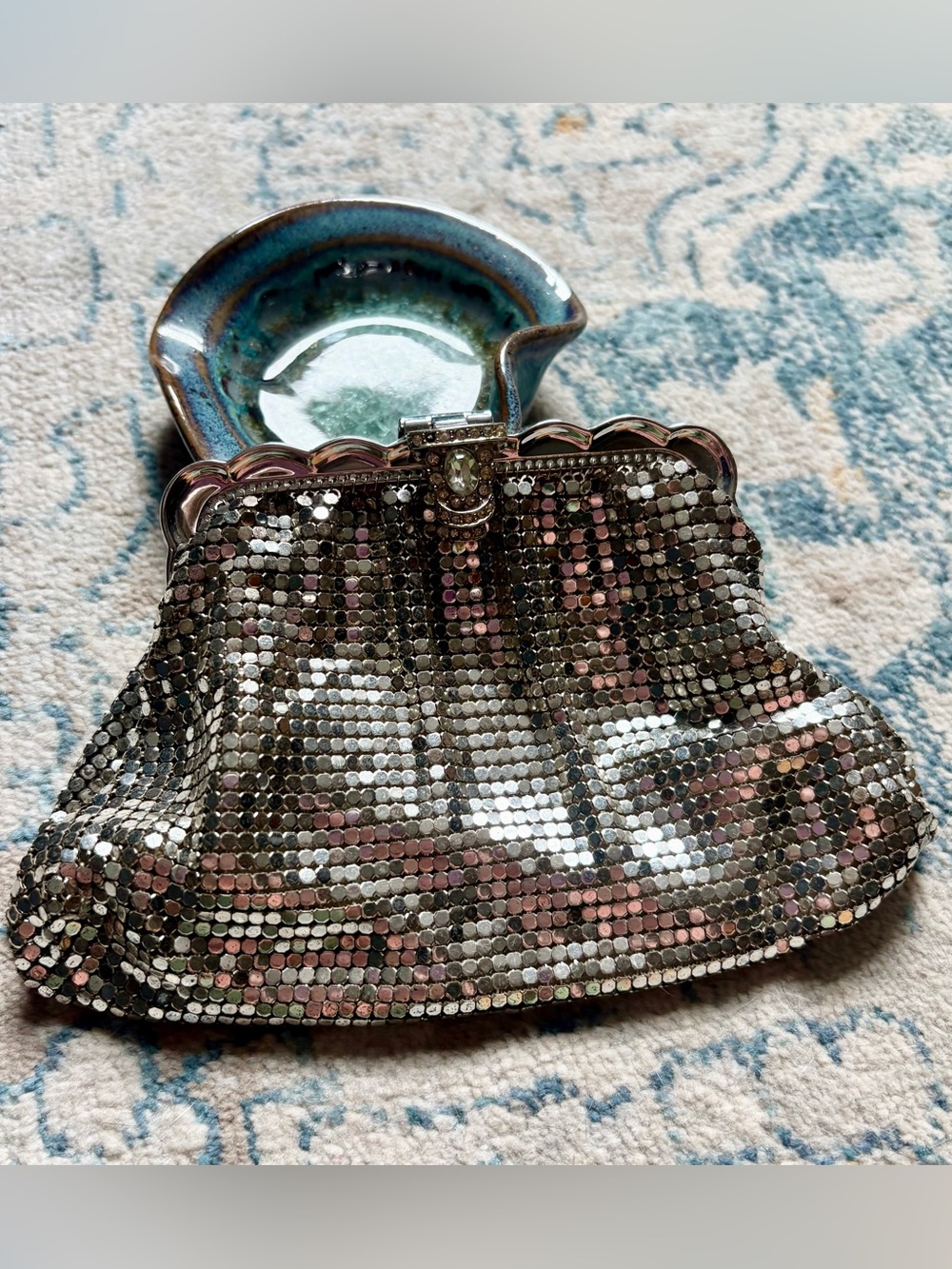 Vintage 1920's Whiting & Davis Silver Mesh Bag Rhinestone Art Deco Glamour Party
